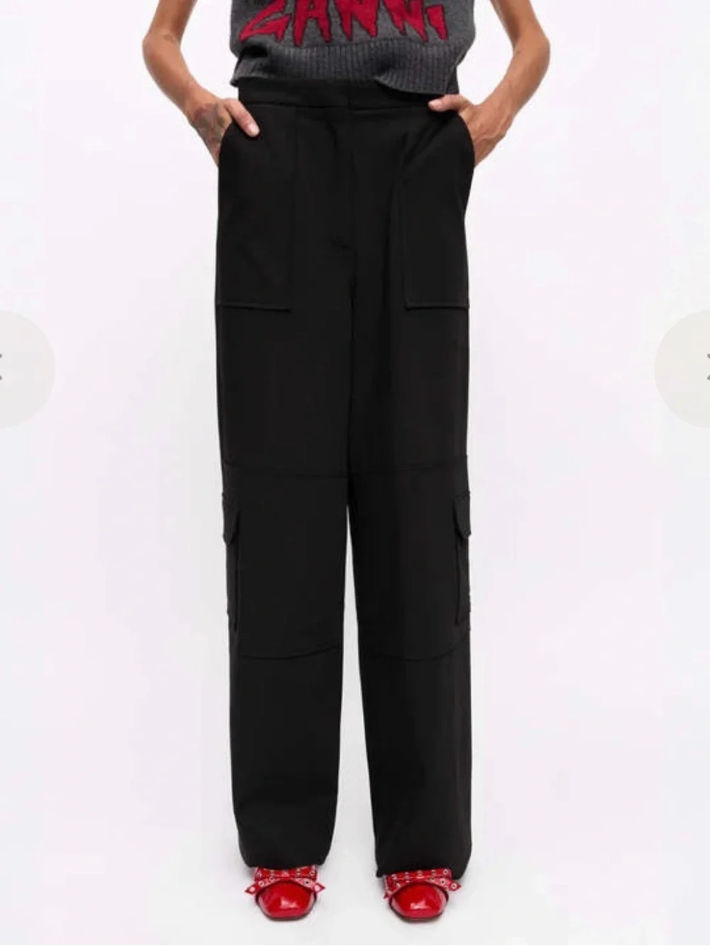 GANNI Twill Suiting Cargo Pants Size 0 Black Wide Leg High Rise Utility
